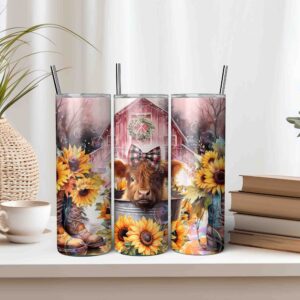 Baby Highland Cow Bucket Boots Bubbles Sunflowers Tumbler Wrap