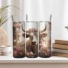 White Highland Cow Tumbler Wrap with Chrysanthemums