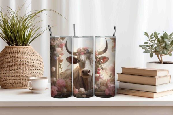 White Highland Cow Tumbler Wrap with Chrysanthemums