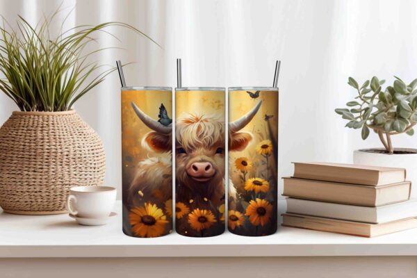 Highland Cow Digital Tumbler Wrap with Butterflies