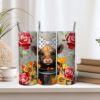 Highland Cow in Bucket Red Roses Sunflower Tumbler Wrap