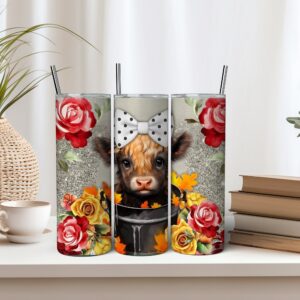 Highland Cow in Bucket Red Roses Sunflower Tumbler Wrap