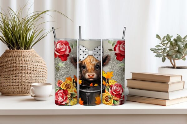 Highland Cow in Bucket Red Roses Sunflower Tumbler Wrap