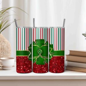 Red Green Gold Glitter Christmas Tumbler Wrap 20oz Skinny Tumbler PNG Sublimation Print