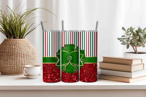 Red Green Gold Glitter Christmas Tumbler Wrap 20oz Skinny Tumbler PNG Sublimation Print