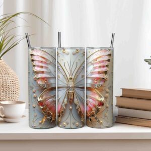 3D Pink Gold Butterfly Tumbler Wrap | 20oz Skinny Tumbler Sublimation Design JPG