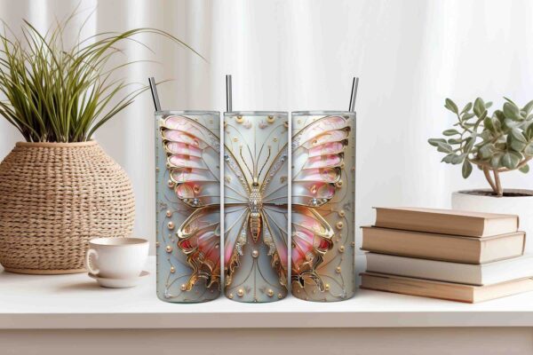 3D Pink Gold Butterfly Tumbler Wrap | 20oz Skinny Tumbler Sublimation Design JPG