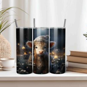 Adorable Highland Cow in Winter Snow with Tartan Scarf PNG Sublimation Tumbler