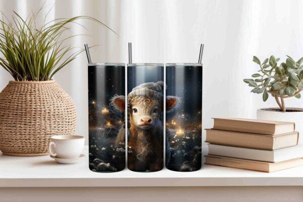 Adorable Highland Cow in Winter Snow with Tartan Scarf PNG Sublimation Tumbler