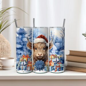 Cute Highland Cow Santa Hat Christmas Season Tumbler Print Use in Canva JPG Sublimation Print Tumbler Instant Download Digital Tumbler Wrap