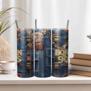 Denim Tumbler Wrap with Backpack Keychain Design