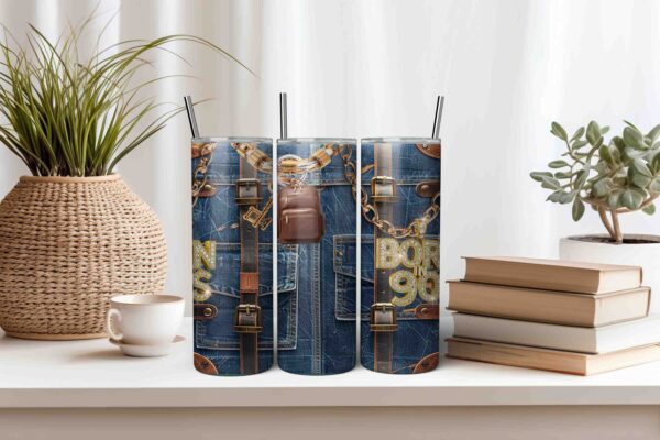 Denim Tumbler Wrap with Backpack Keychain Design