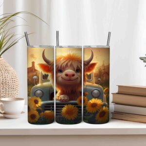 Highland Cow Tumbler Wrap with Sunflowers