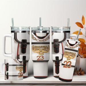 Chicago Tumbler Set, Coffee Mug Wrap, White Leather Backpack, 23 Gold Chain Design, Sports Fan Gift